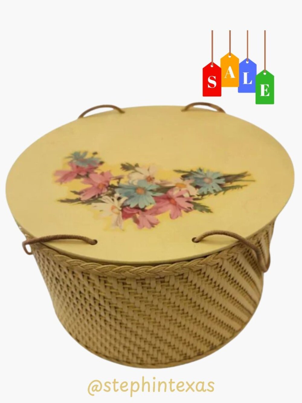 MCM Princess Large Yellow Wicker Sewing Box Retro Storage Box Pastel Floral